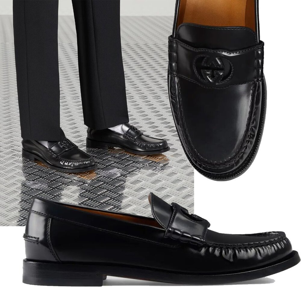 GUCCI SHOES MENS PENNY LOAFER INTERLOCKING G BLACK LEATHER  sz 11.5 US 12